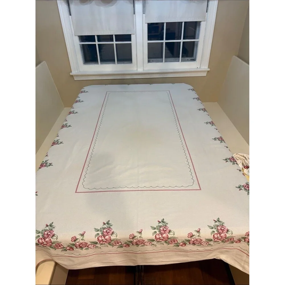 Floral Border Pink and White Tablecloth